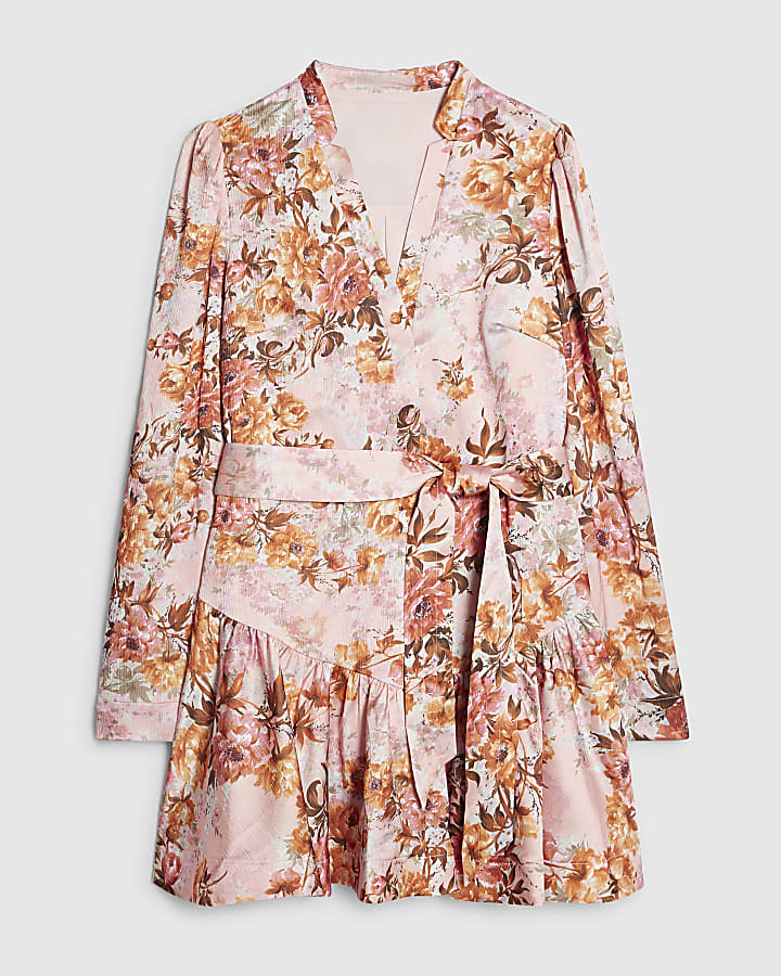 Pink Floral Satin Belted Mini Shirt Dress