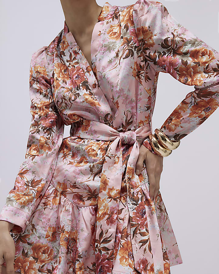 Pink Floral Satin Belted Mini Shirt Dress