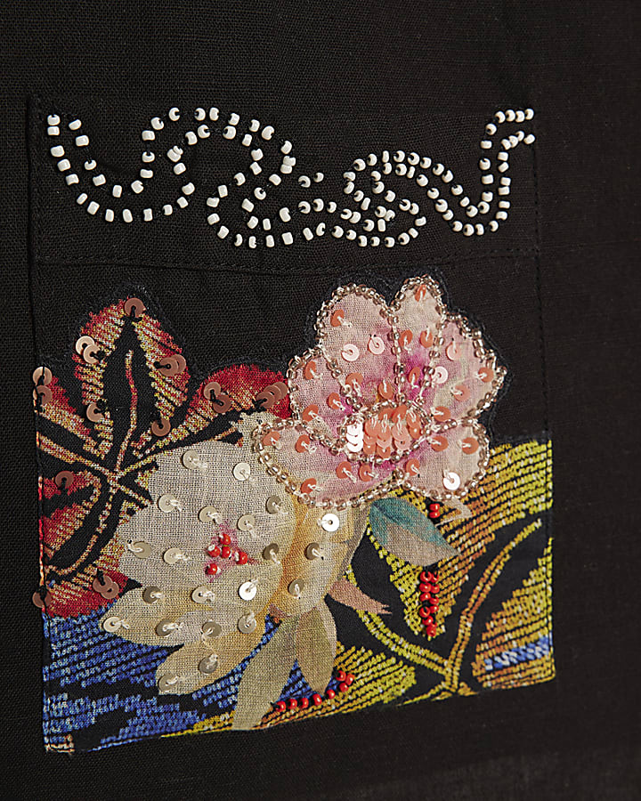 Black Beaded Floral Shirt