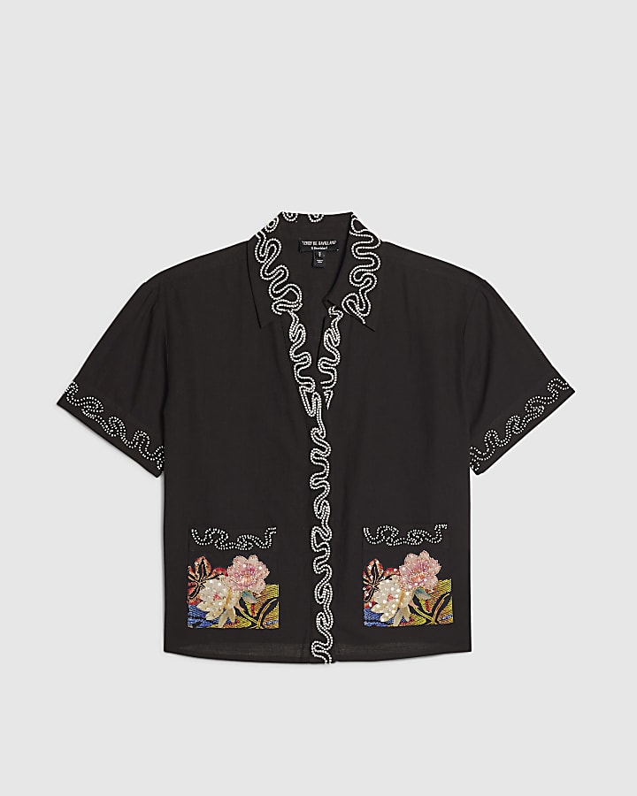 Black Beaded Floral Shirt