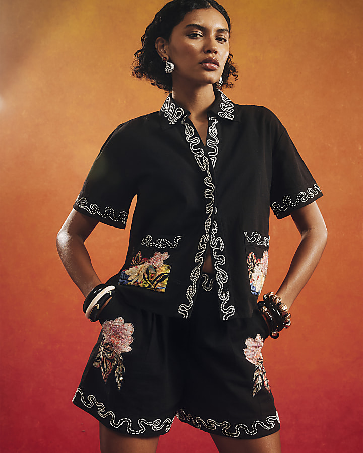 Black Beaded Floral Shirt
