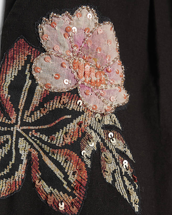 Black Beaded Floral Shorts