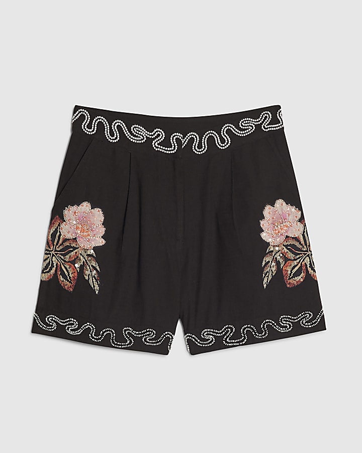 Black Beaded Floral Shorts