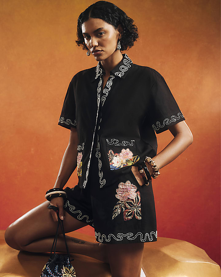 Black Beaded Floral Shorts