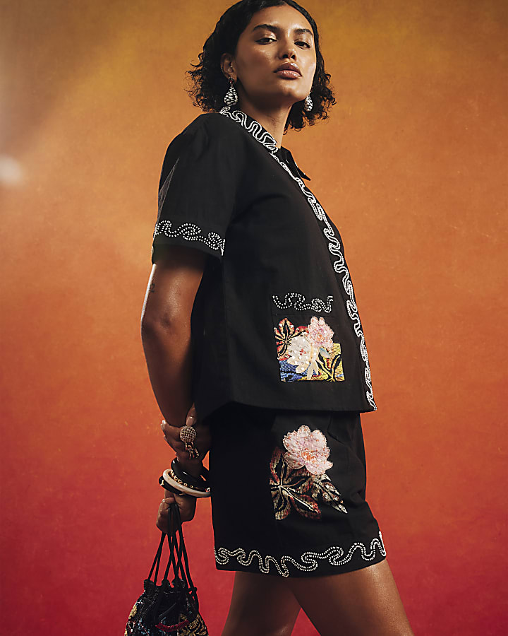 Black Beaded Floral Shorts