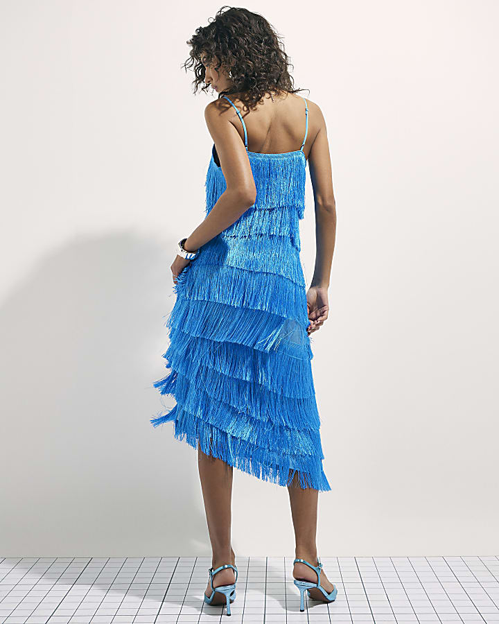 Blue Fringed Midi Dress