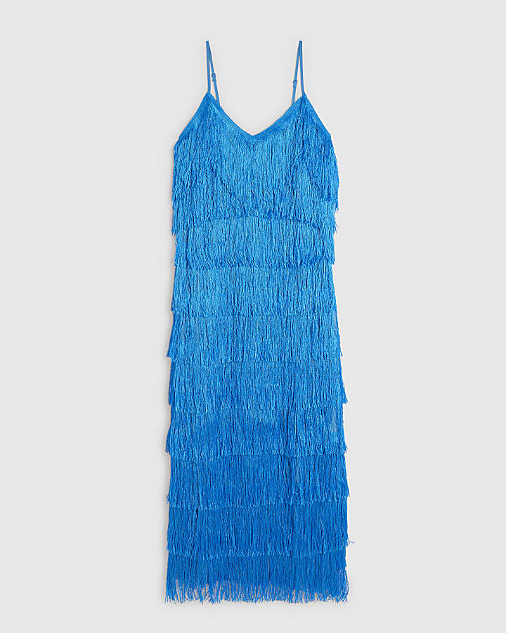 Blue Fringed Midi Dress
