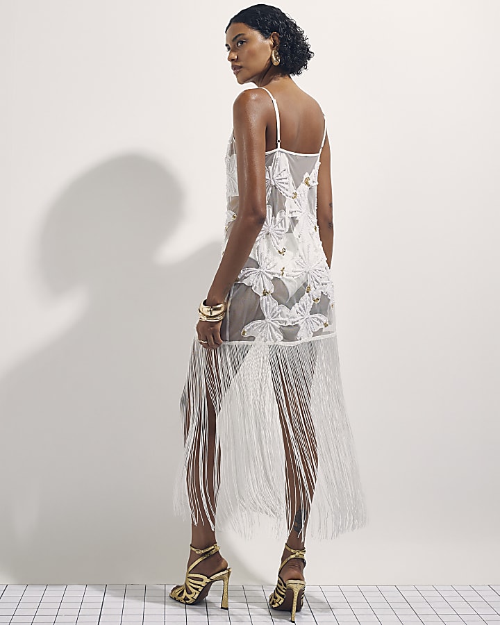 Cream Butterfly Embellished Tassel Maxi Dress