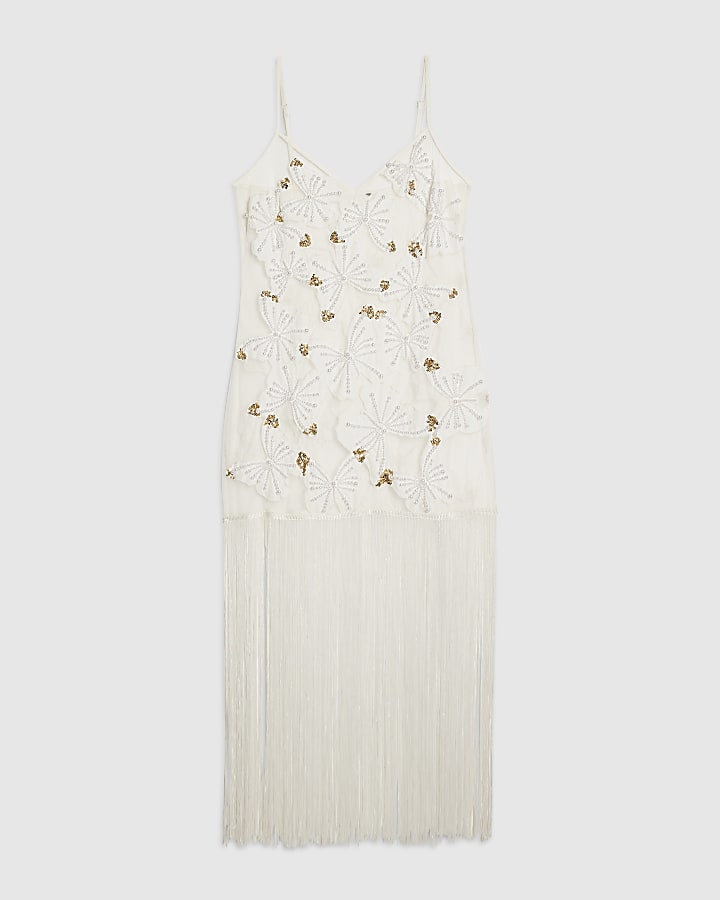 Cream Butterfly Embellished Tassel Maxi Dress
