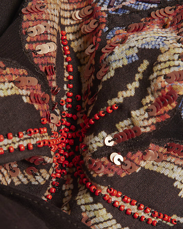 Black Beaded Floral Halter Neck Crop Top