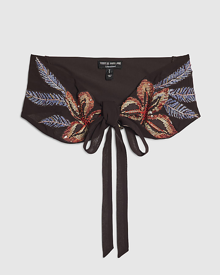 Black Beaded Floral Halter Neck Crop Top