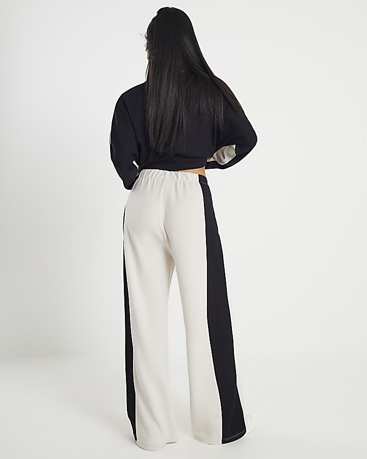 Petite Cream Colour Block Wide Leg Trousers