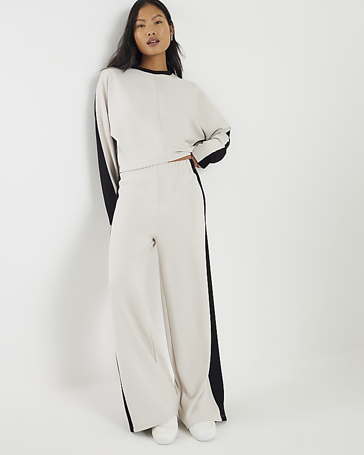 Petite Cream Colour Block Wide Leg Trousers