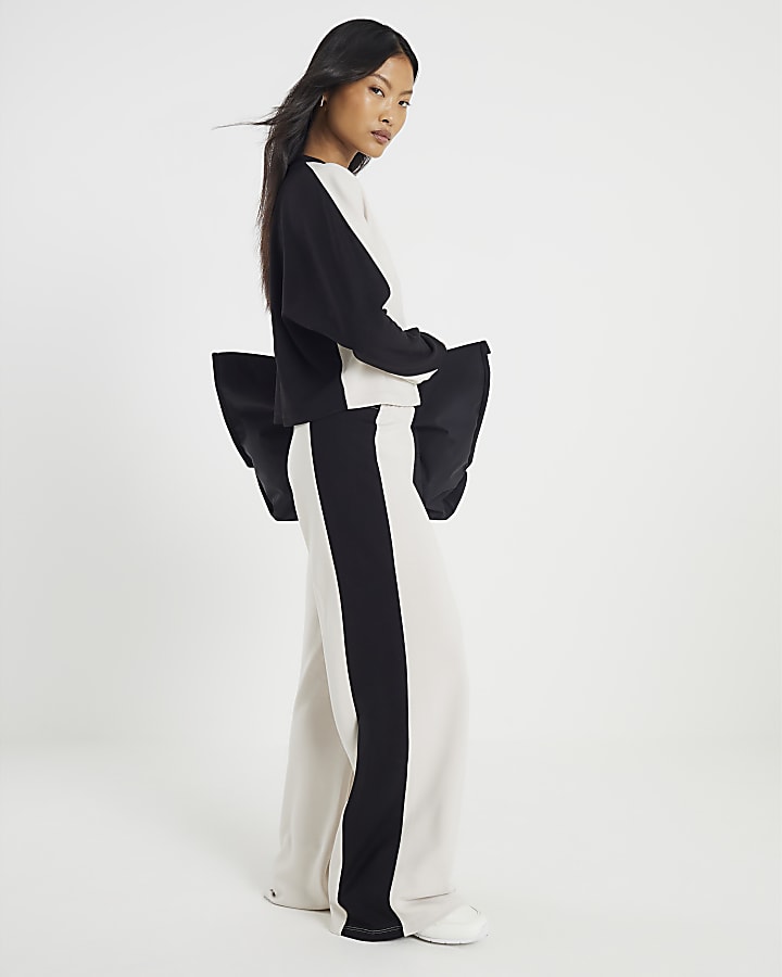 Petite Cream Colour Block Wide Leg Trousers