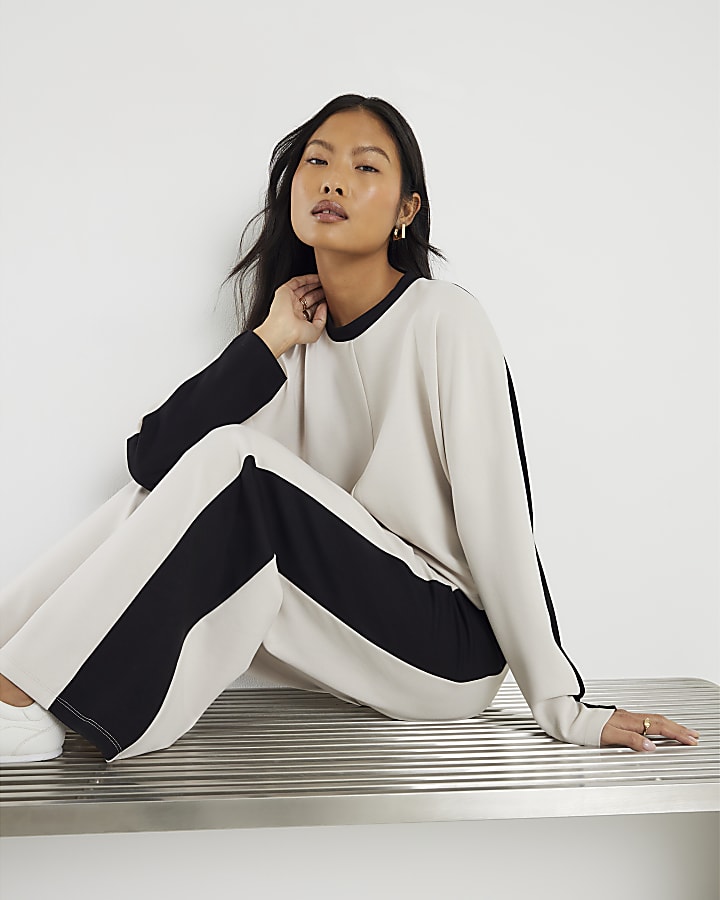 Petite Cream Colour Block Wide Leg Trousers