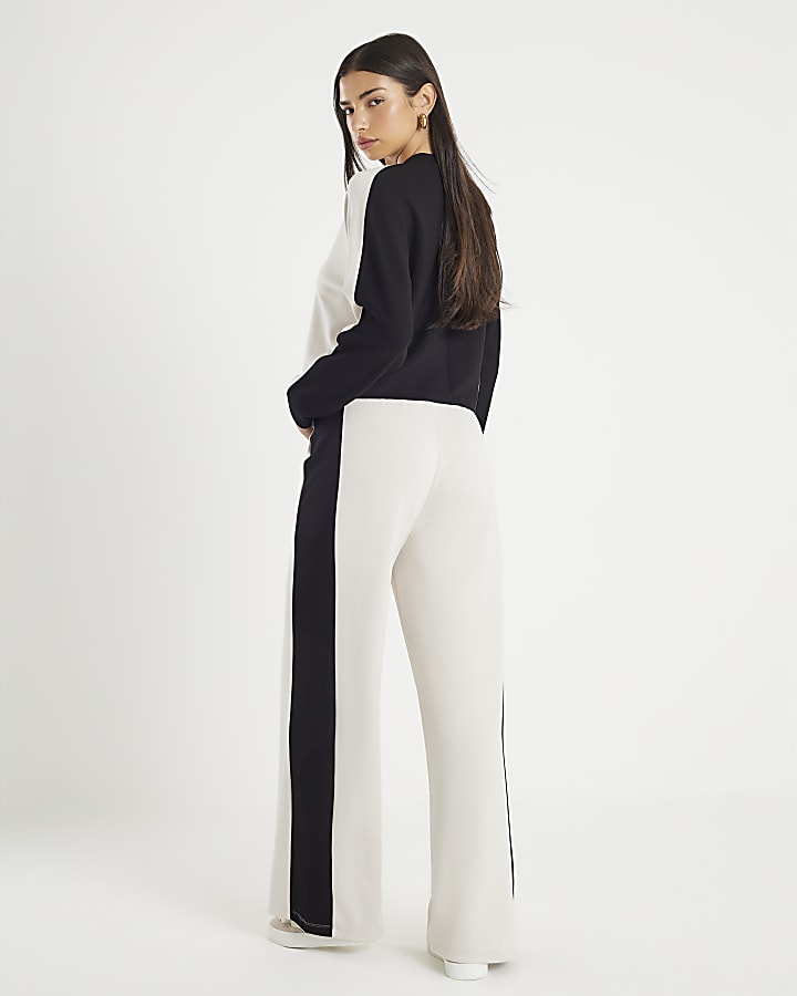 Cream Colour Block Wide Leg Trousers