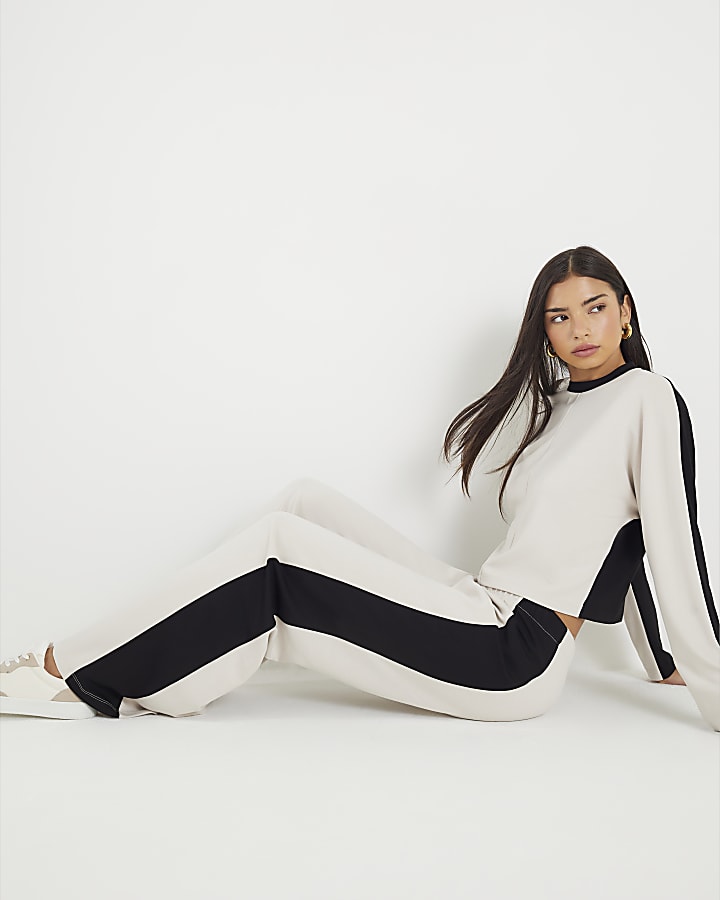 Cream Colour Block Wide Leg Trousers
