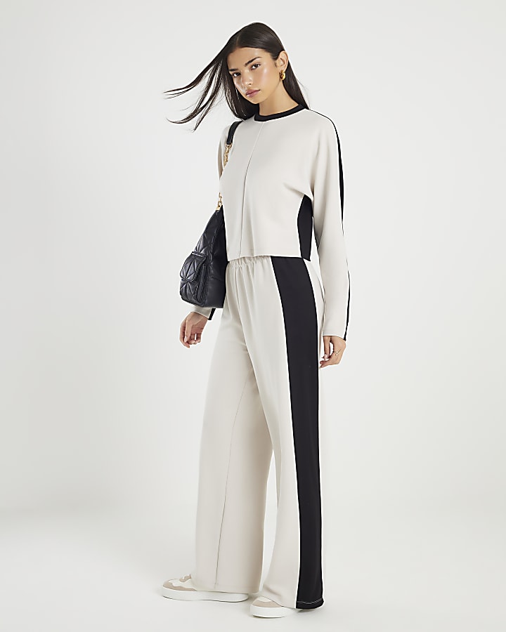 Cream Colour Block Wide Leg Trousers