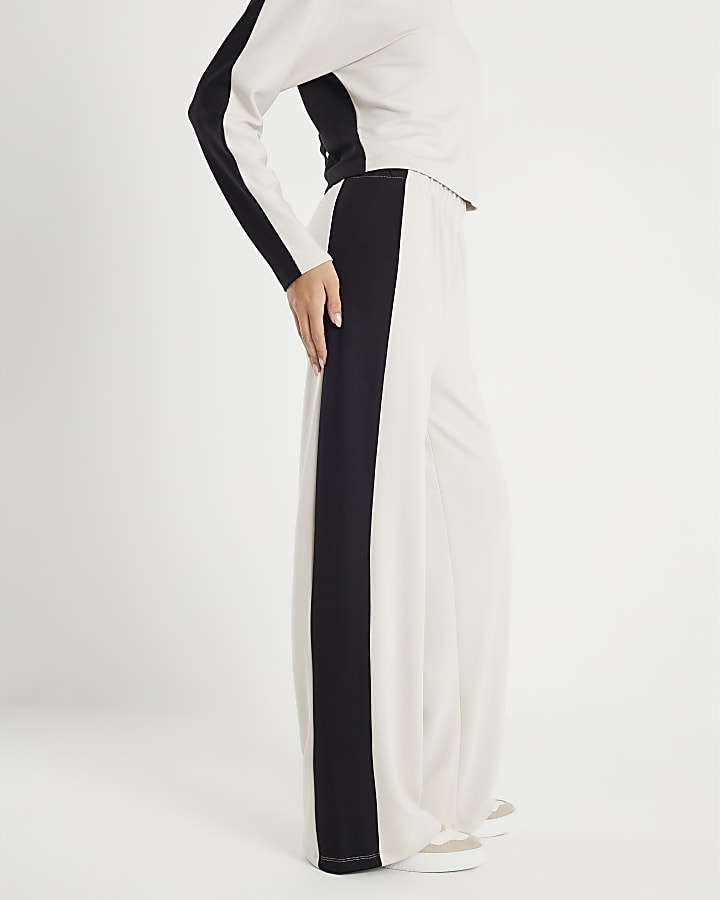 Cream Colour Block Wide Leg Trousers