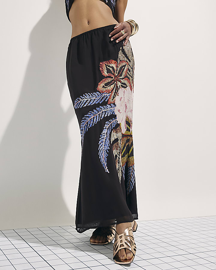 Black TDH P Beaded Floral Maxi Skirt