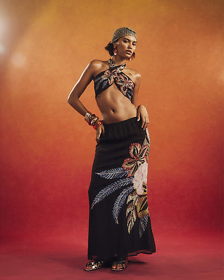 Black TDH P Beaded Floral Maxi Skirt