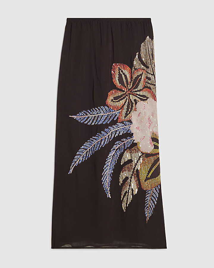 Black Beaded Floral Maxi Skirt