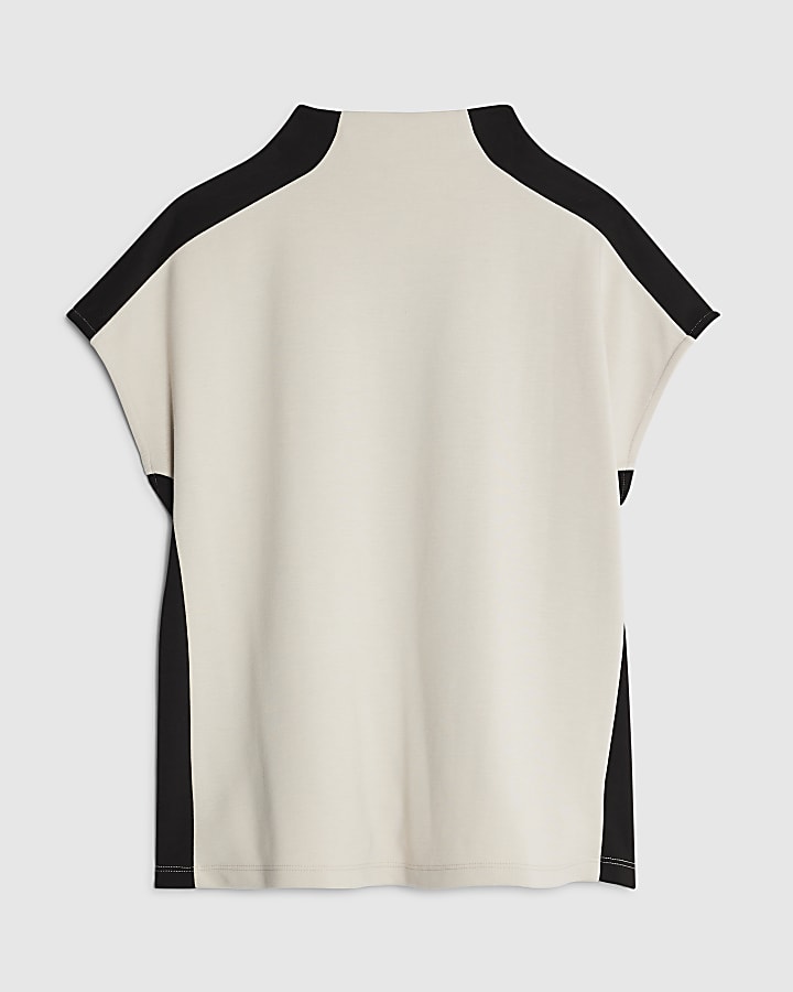 Cream Short Sleeve Colour Block High Neck Top