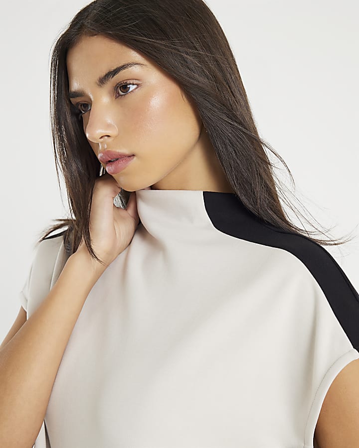 Cream Short Sleeve Colour Block High Neck Top