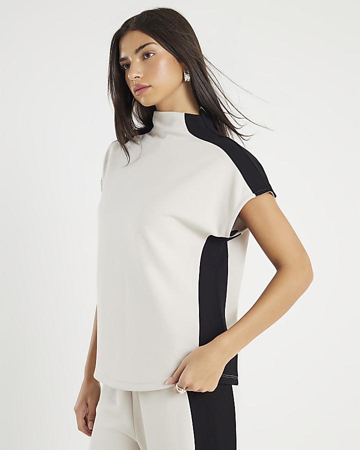 Cream Short Sleeve Colour Block High Neck Top