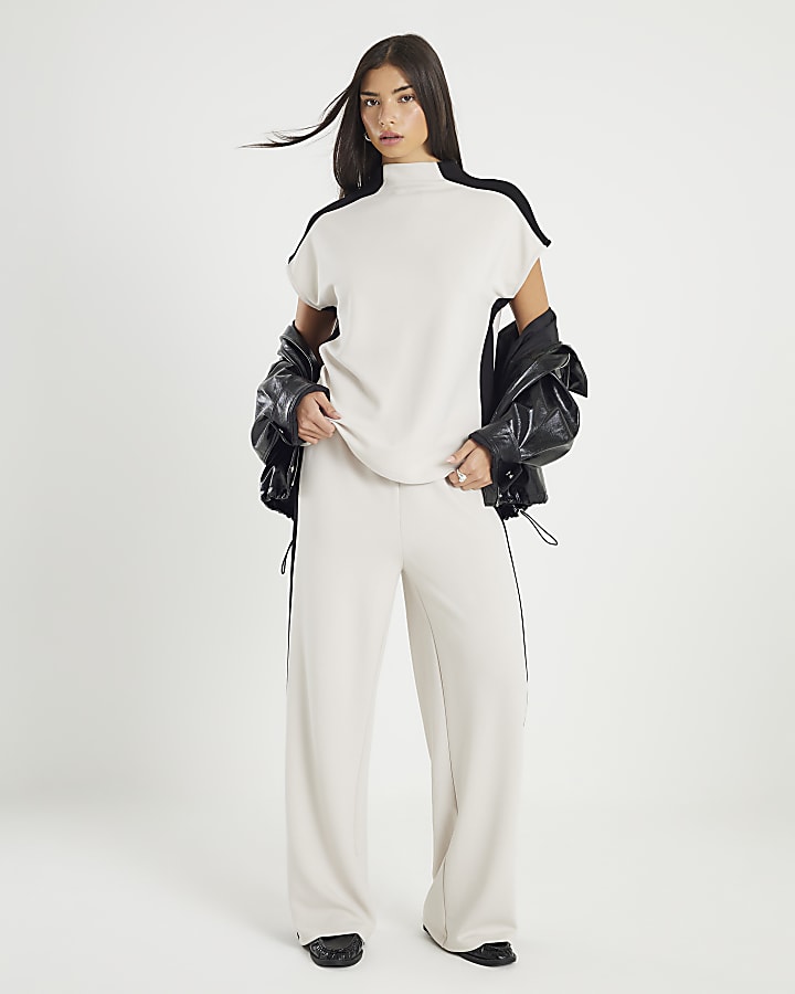 Cream Short Sleeve Colour Block High Neck Top