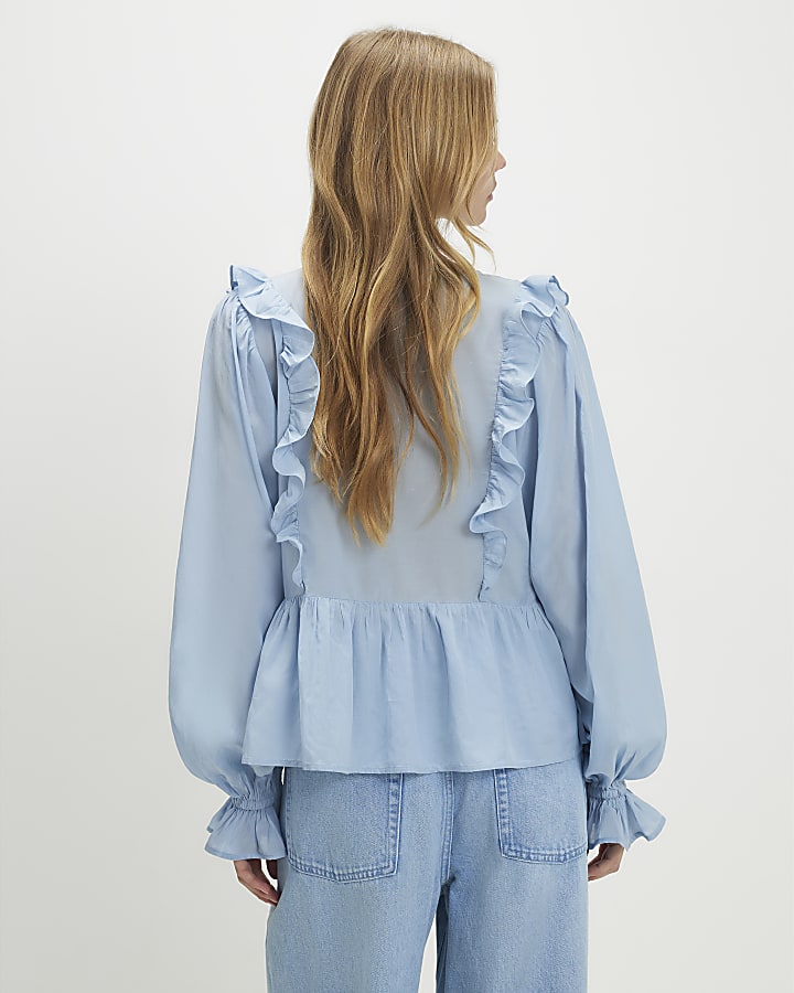 Blue Long Sleeve Lace Insert Blouse