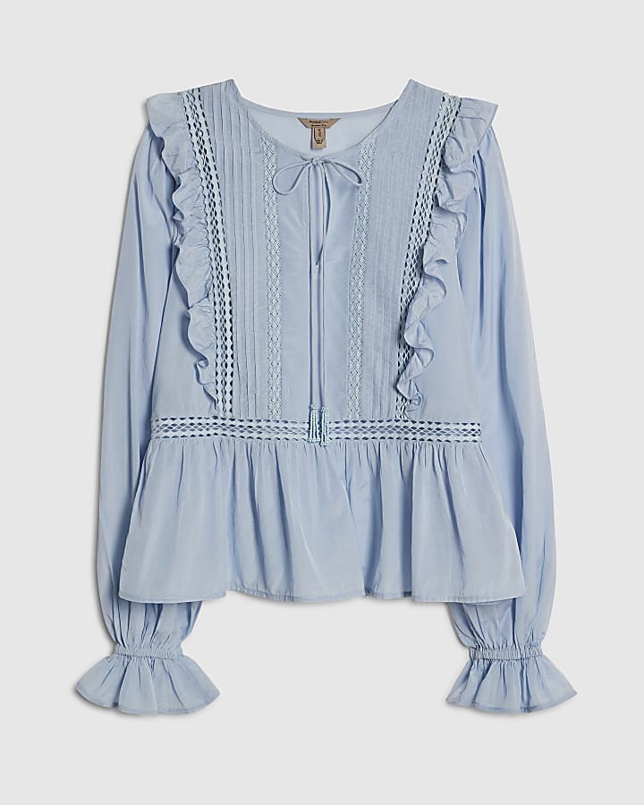 Blue Long Sleeve Lace Insert Blouse