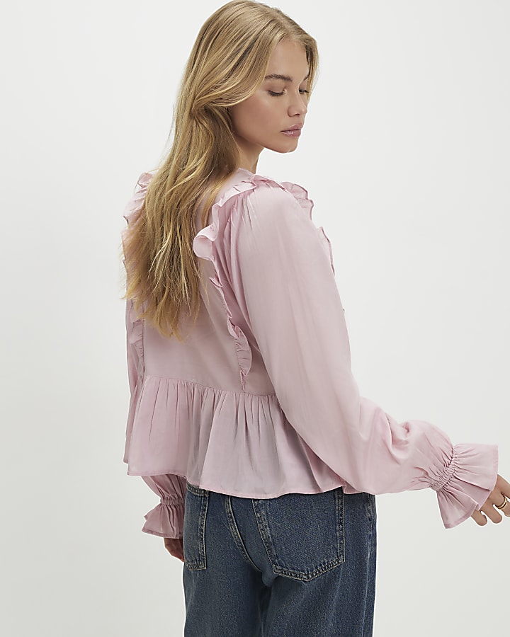 Pink Long Sleeve Lace Insert Blouse