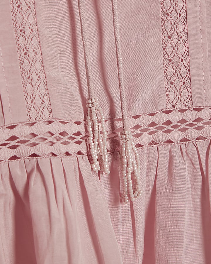 Pink Long Sleeve Lace Insert Blouse