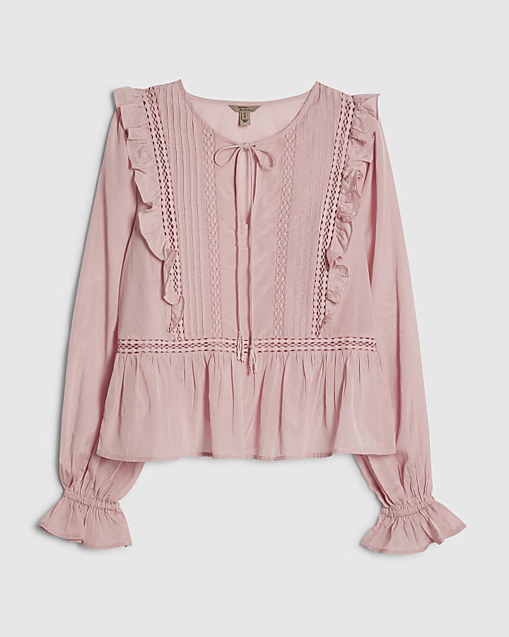 Pink Long Sleeve Lace Insert Blouse