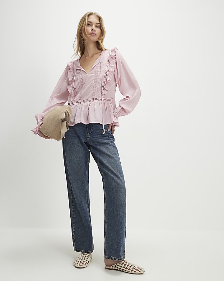 Pink Long Sleeve Lace Insert Blouse