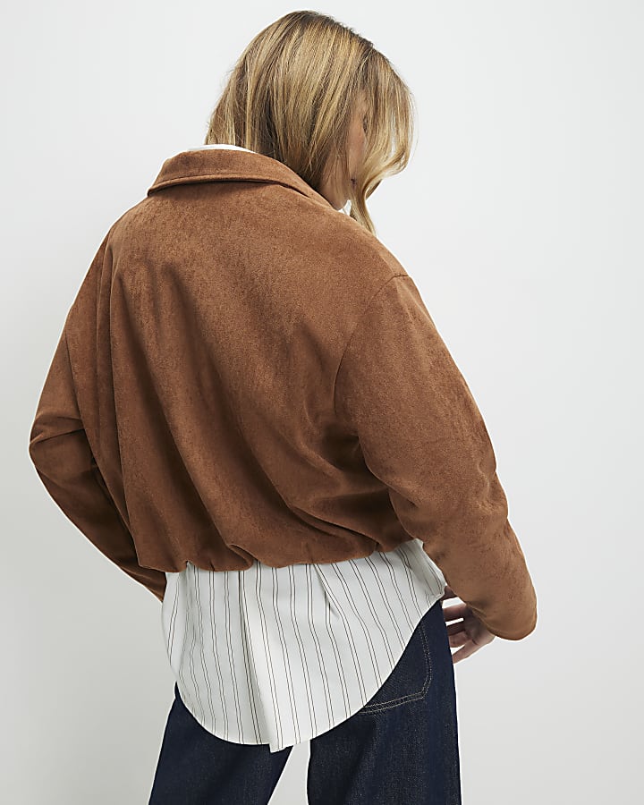 Tan Faux Suede Bubble Hem Bomber Jacket