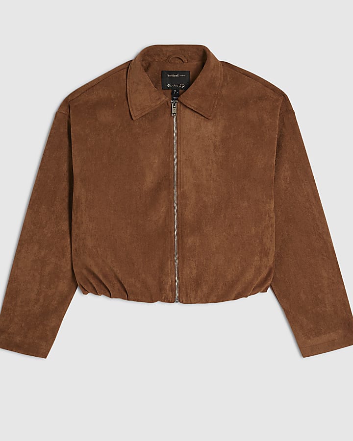 Tan Faux Suede Bubble Hem Bomber Jacket
