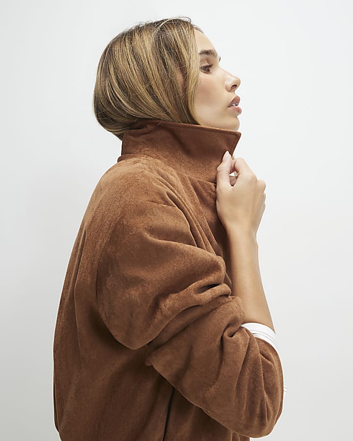 Tan Faux Suede Bubble Hem Bomber Jacket