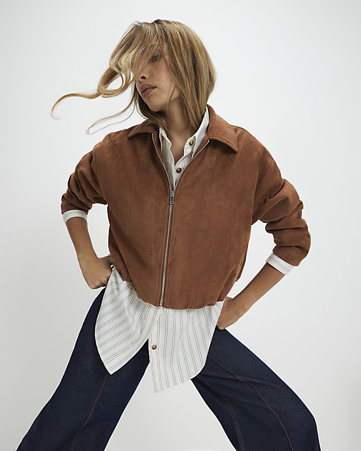 Tan Faux Suede Bubble Hem Bomber Jacket