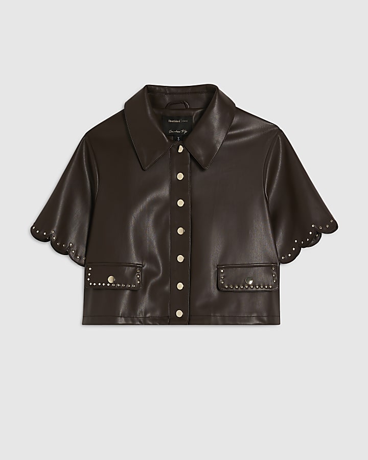 Brown Faux Leather Scallop Trim Studded Shirt