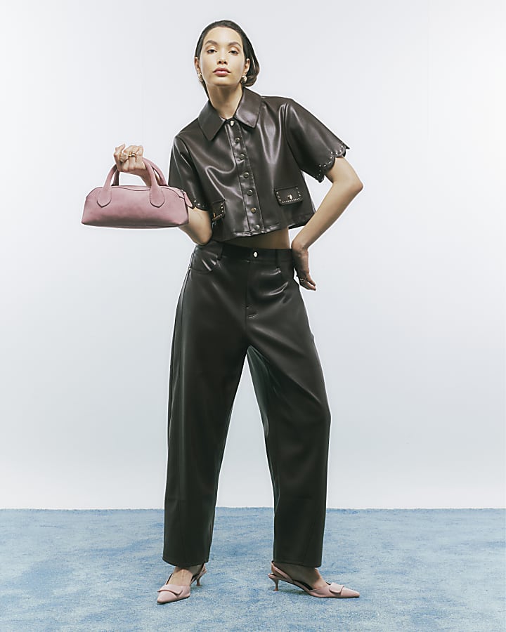 Brown Faux Leather Scallop Trim Studded Shirt