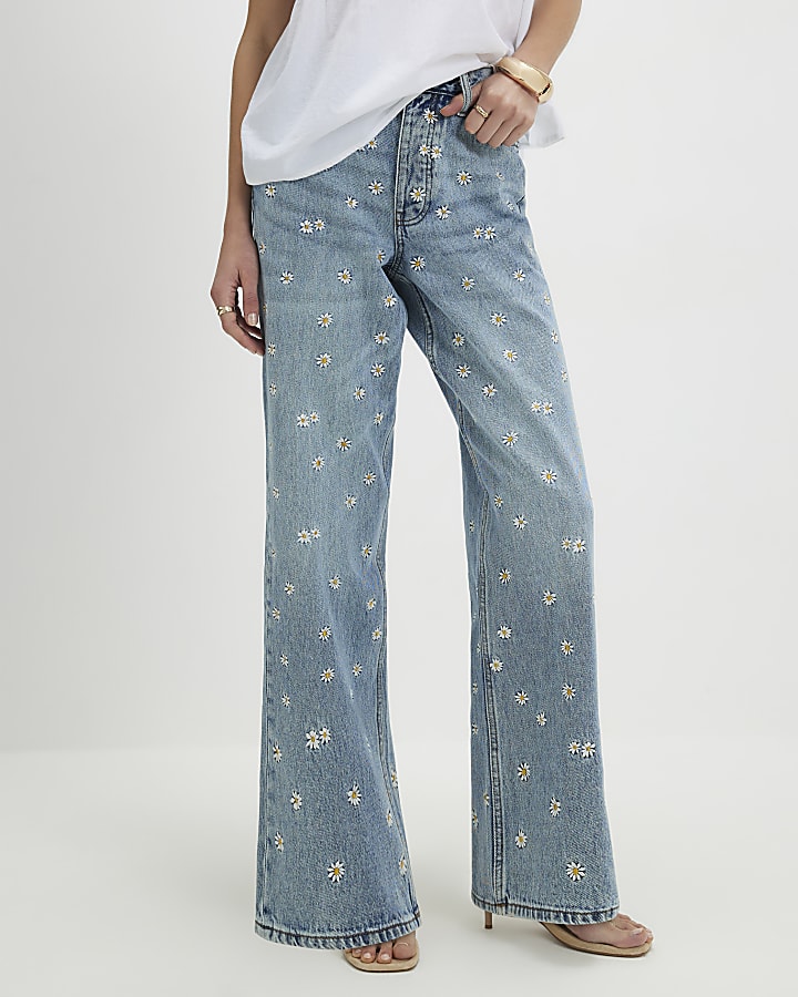 Blue Relaxed Straight Daisy Jeans