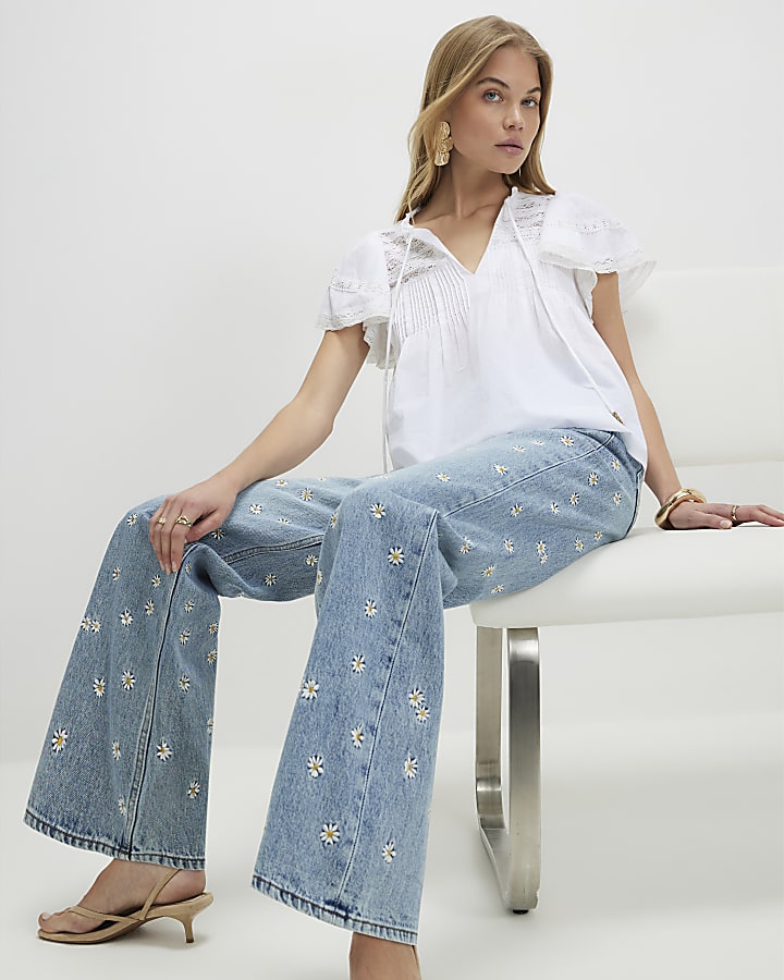 Blue Relaxed Straight Daisy Jeans
