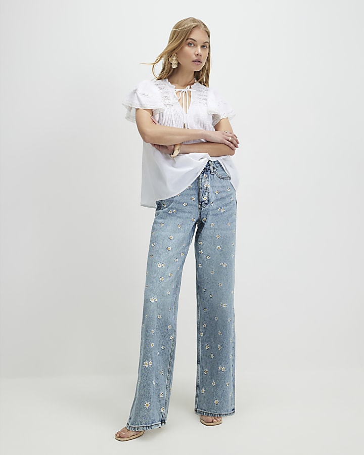Blue Relaxed Straight Daisy Jeans