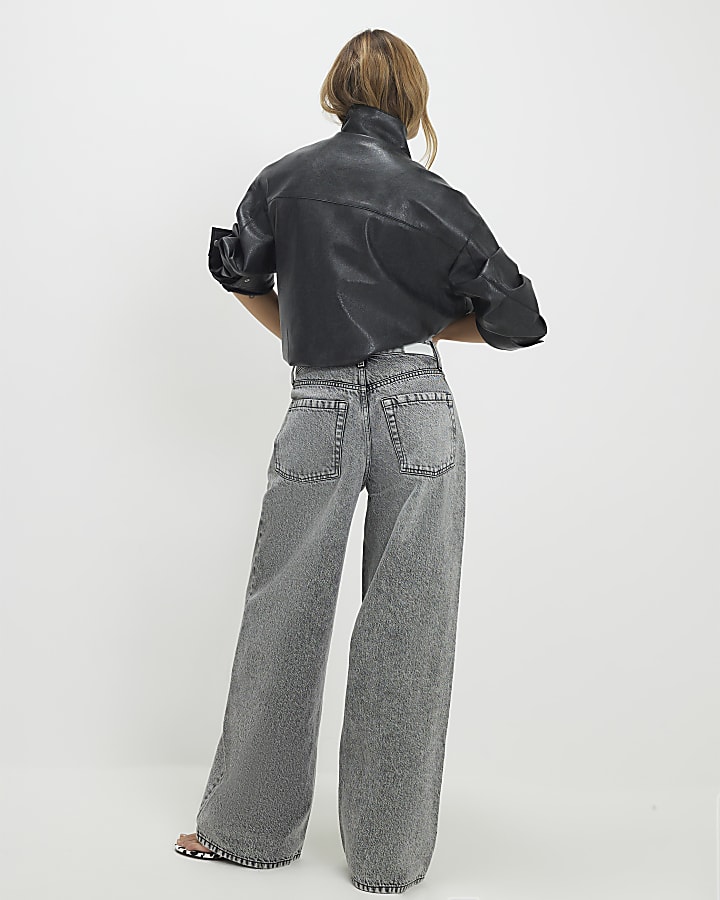 Grey High Waisted Baggy Wide Leg Jeans