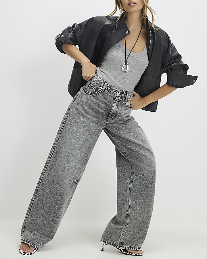 Grey High Waisted Baggy Wide Leg Jeans