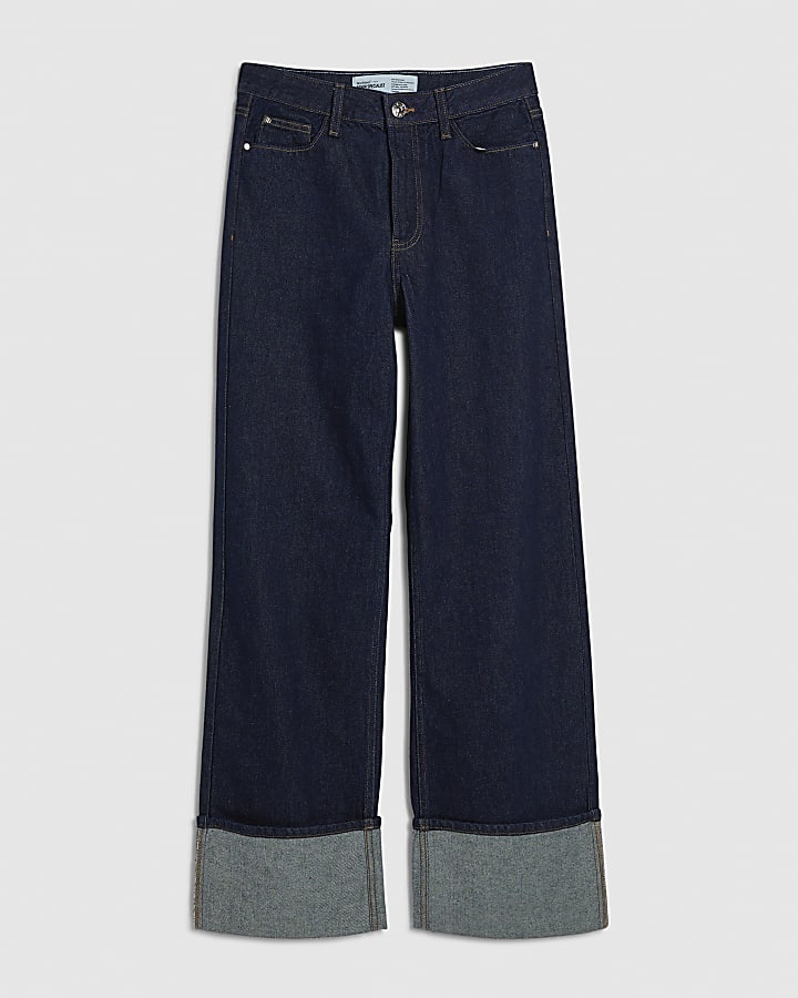 Blue Relaxed Straight Turn Up Cuff Jeans
