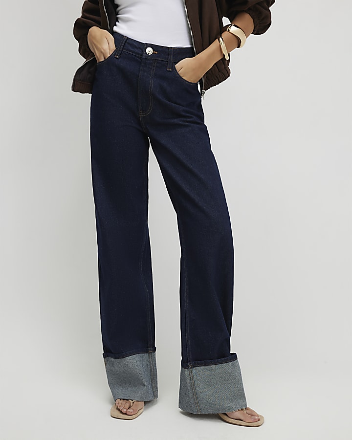 Blue Relaxed Straight Turn Up Cuff Jeans