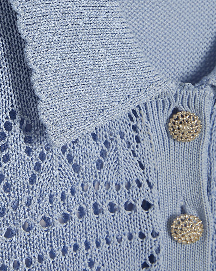 Blue Stitched Knit Polo Top